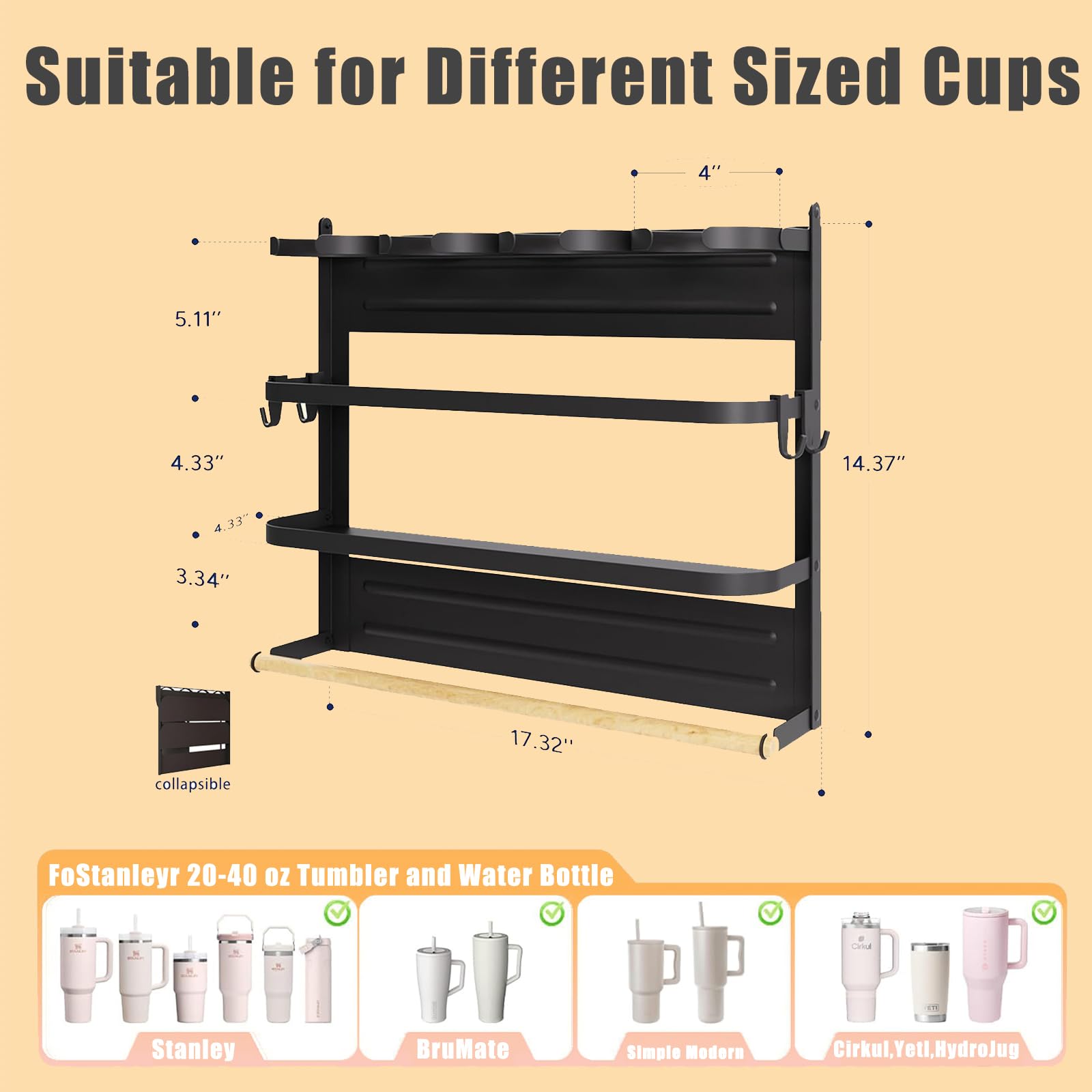 Magnetic Stanley Cup Holder for Fridge, Triple Folding 4 Cup Stanley Cup Holder Magnetic, Magnetic Water Bottle Holder with 2 Strong Double Sided Tape, Magnetic Cup Holder with Hook Fits 40 oz Mugs