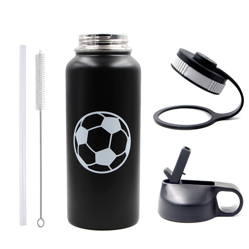 32 oz Soccer Water Bottle with Straw, Wide Mouth Sports Flask Metal Travel Tumbler with 2 Lids, Stainless Steel Double Wall Vacuum Insulated Leakproof Thermo Water Bottles, Soccer Gifts for Boys Girls