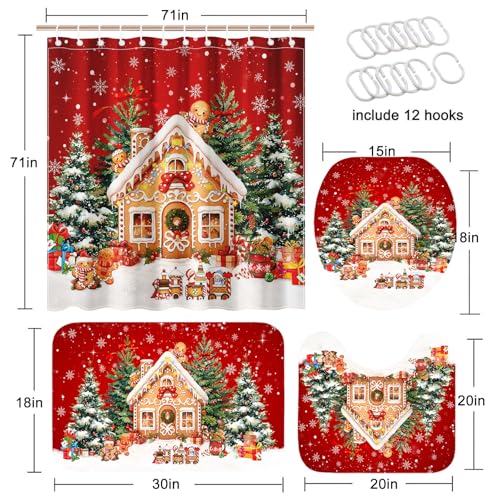 Christmas Gingerbread House Shower Curtain Set with Non-Slip Rugs - 4 Pieces