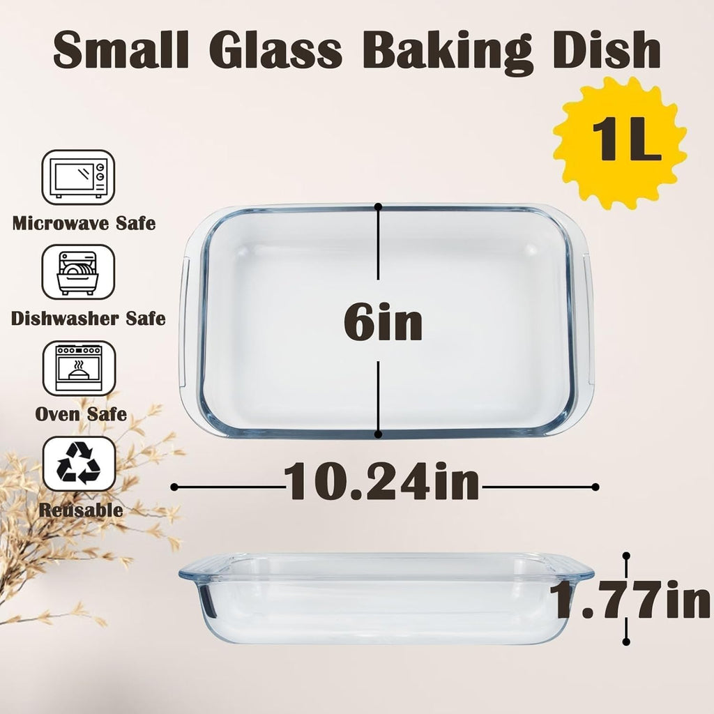 Skiennix Glass Baking Dish - 1L Casserole Pan for Oven | 10x6 Inch Durable Design