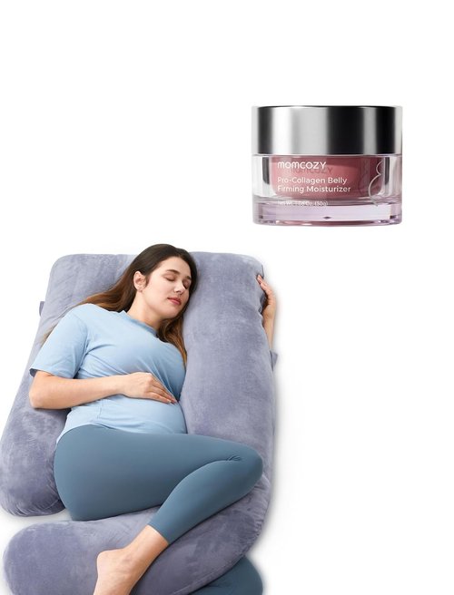 Momcozy Maternity Comfort Bundle - Full Body U-Shaped Pregnancy Pillow & Stretch Mark Cream | Essential Support Gift for Expecting Mothers
