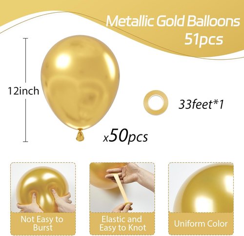 Awenztech Metallic Gold Balloons - 12-Inch Chrome Latex Balloons | 50-Pack for Weddings & Parties