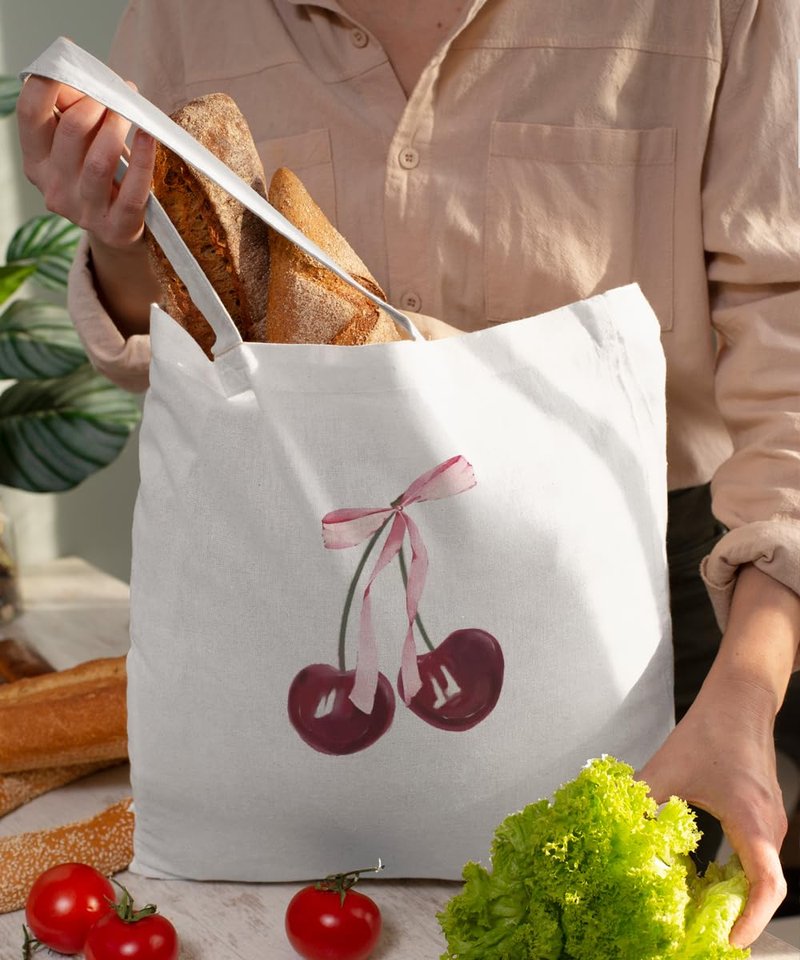 SZERE Coquette Pink Bow Cherry Canvas Tote Bag for Women Teen Girls, Coquette Pink Cherry Themed Stuff Gifts for Women, Cute Small Work Travel Shopping Tote Bags Grocery Reusable Bags