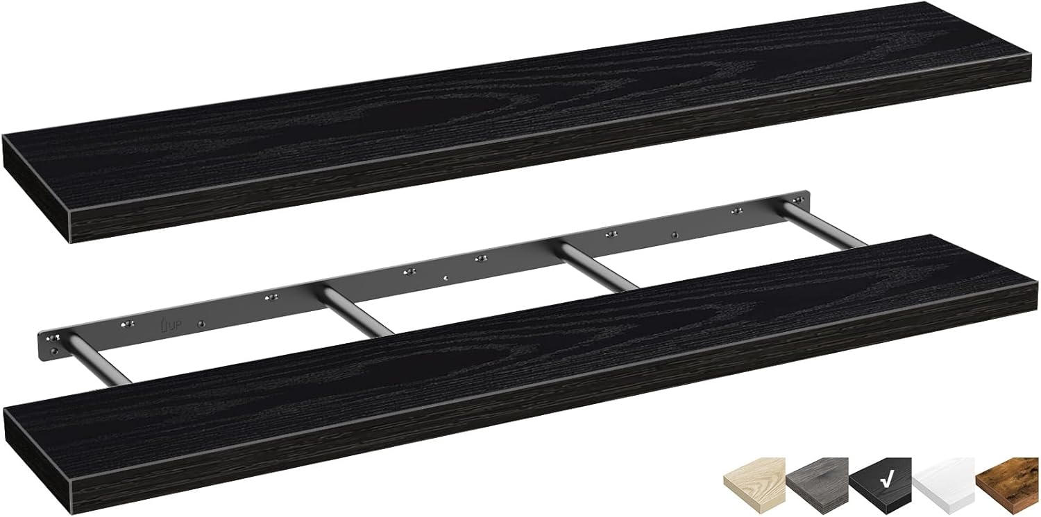 QEEIG Floating Wall Shelves - Extra Long 55.1" Set of 2 for Bathroom, Kitchen, Living Room | Black Home Decor