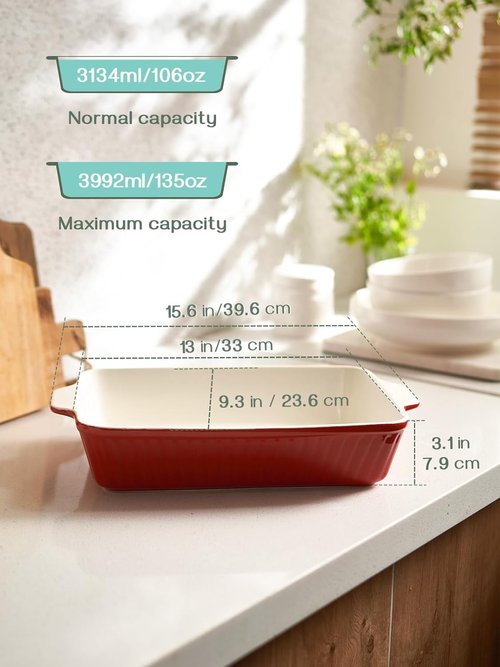 DOWAN 9x13-Inch Deep Casserole Baking Dish - 135 oz Ceramic Pan with Handles | Oven Safe, Red