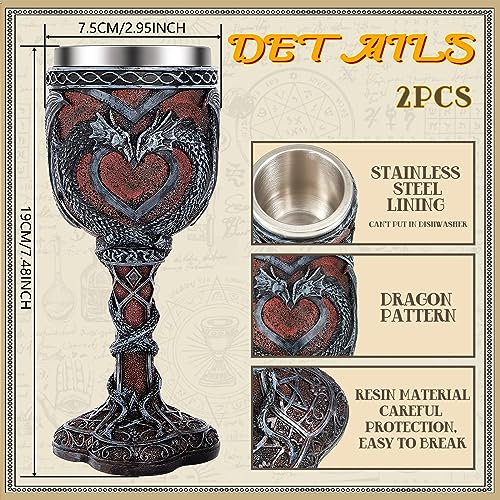 Set of 2 Medieval Dragon Wine Goblets - 7 oz Gothic Stainless Steel Chalice