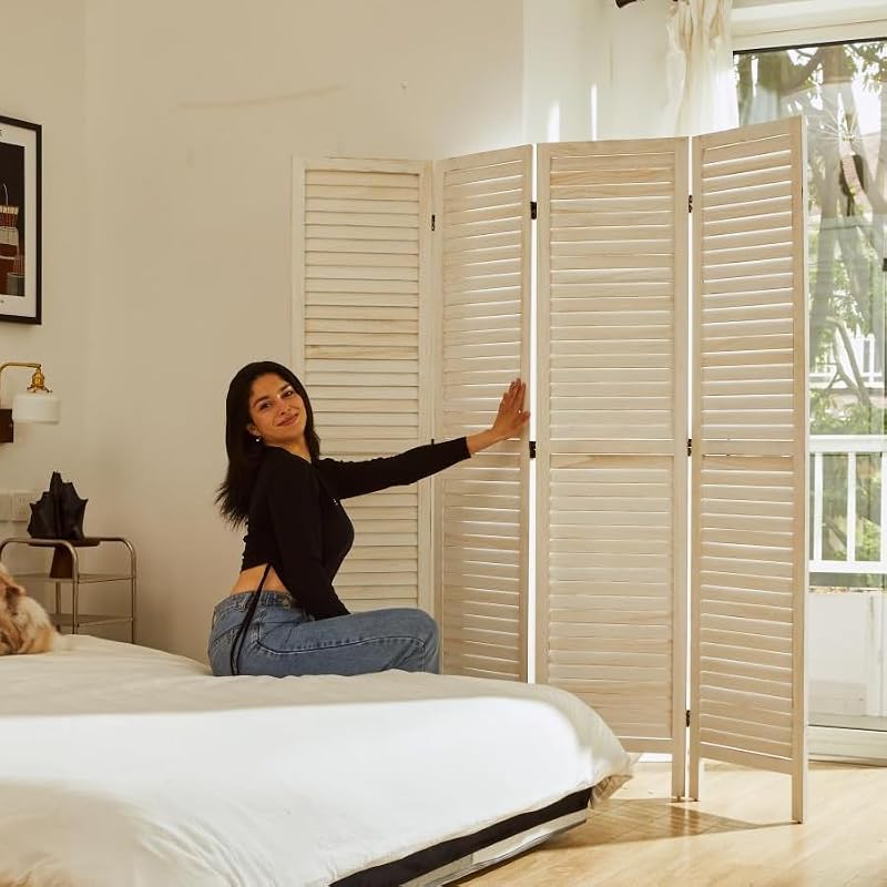 4-Panel Wood Room Divider, Folding Privacy Screen for Home Office & Bedroom