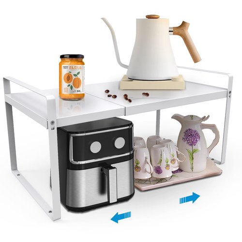 Expandable Cabinet Countertop Shelves, 11" Deep Cabinet Shelf Organizer Riser for Kitchen Pantry Cupboard Under Sink Countertop Organization Storage, Adjustable Metal Organizer Shelf with Nonslip Legs