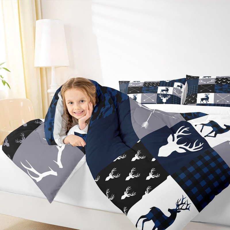 Manfei Camo Deer Antlers Comforter Set Full Size,Geometric Plaid Patchwork Bedding 3pcs for Kids Teens Girls Boys Room Xmas Cabin Quilt Set,Blue Grey Rustic Farmhouse Duvet Insert,2 Pillowcases