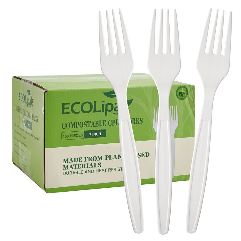 ECOLipak 100% Compostable Forks 150 Pack, 7 Inch Large Size Biodegradable Disposable Cutlery Forks, Heavy Duty Bio based CPLA Utensils for Party, BBQ, Picnic