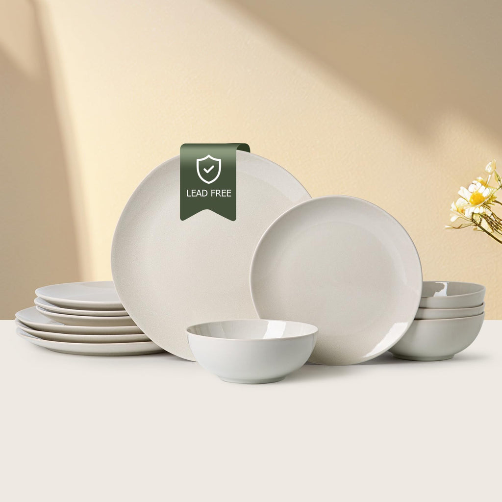 Ceramic Dinnerware 12 Pieces glazed cream white Dinner Set,Plates Pasta Bowls Cereal Bowls Reactive Change Glaze Dish Sets, Modern Stoneware Dishe (glazed cream white)