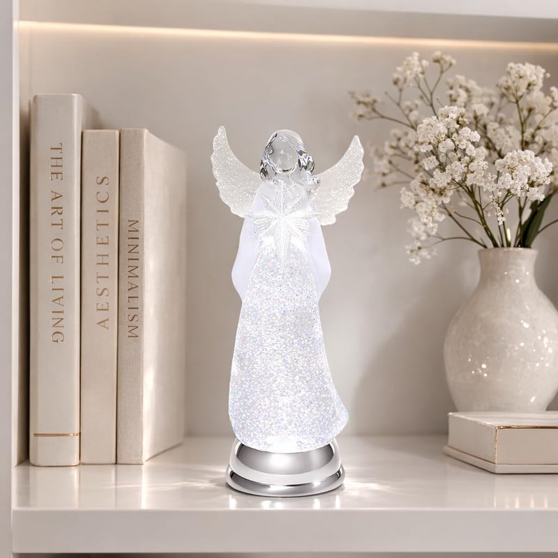 Christmas Angel Snow Globe Water Spinner LED Light Battery Operated Glitter Angel Figurine 12.8” Tabletop Christmas Decoration Holiday Home Décor by Moments in Time