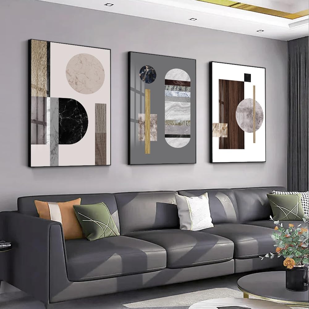 QKF Large Geometry Wall Art - Modern Abstract Canvas Paintings for Living Room | 3 Panels, 16” x 24”