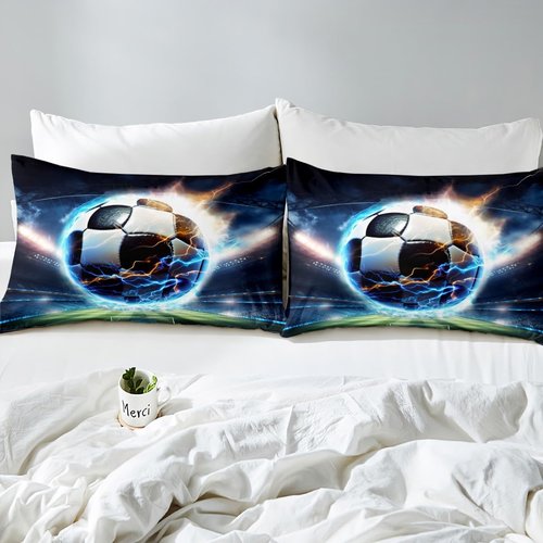 Feelyou Kids Boys Girls Black Blue Football Bed Sheet Set Twin, Sports Gaming Fitted Sheet Soccer Ball Game Bedding Set for Teens Football Gift Bed Cover (1 Pillow Case and a Fitted Sheet)