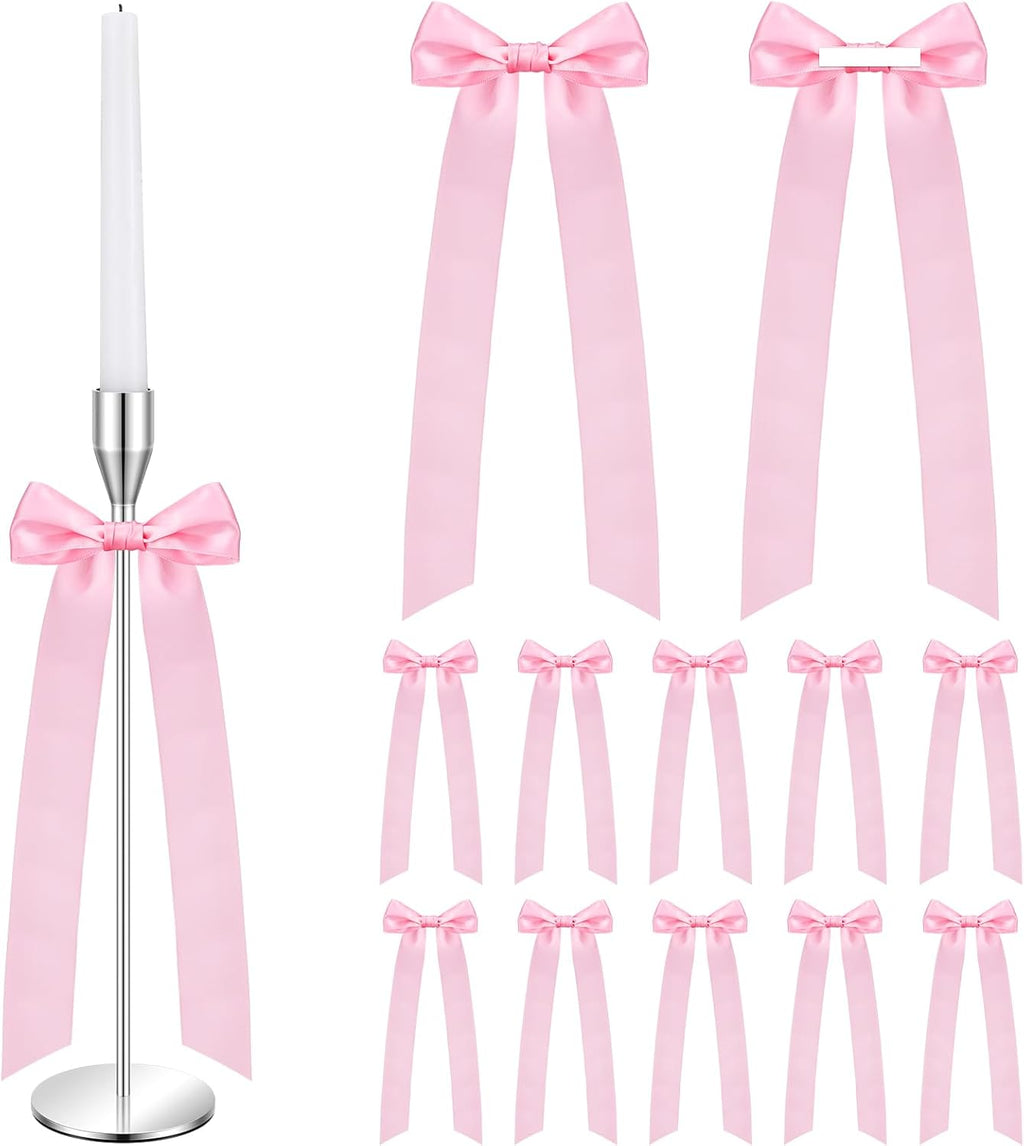 Teenyyou 12 Pcs Pink Candlestick Bows - 13 Inch Large Coquette Table Decor for Weddings & Parties
