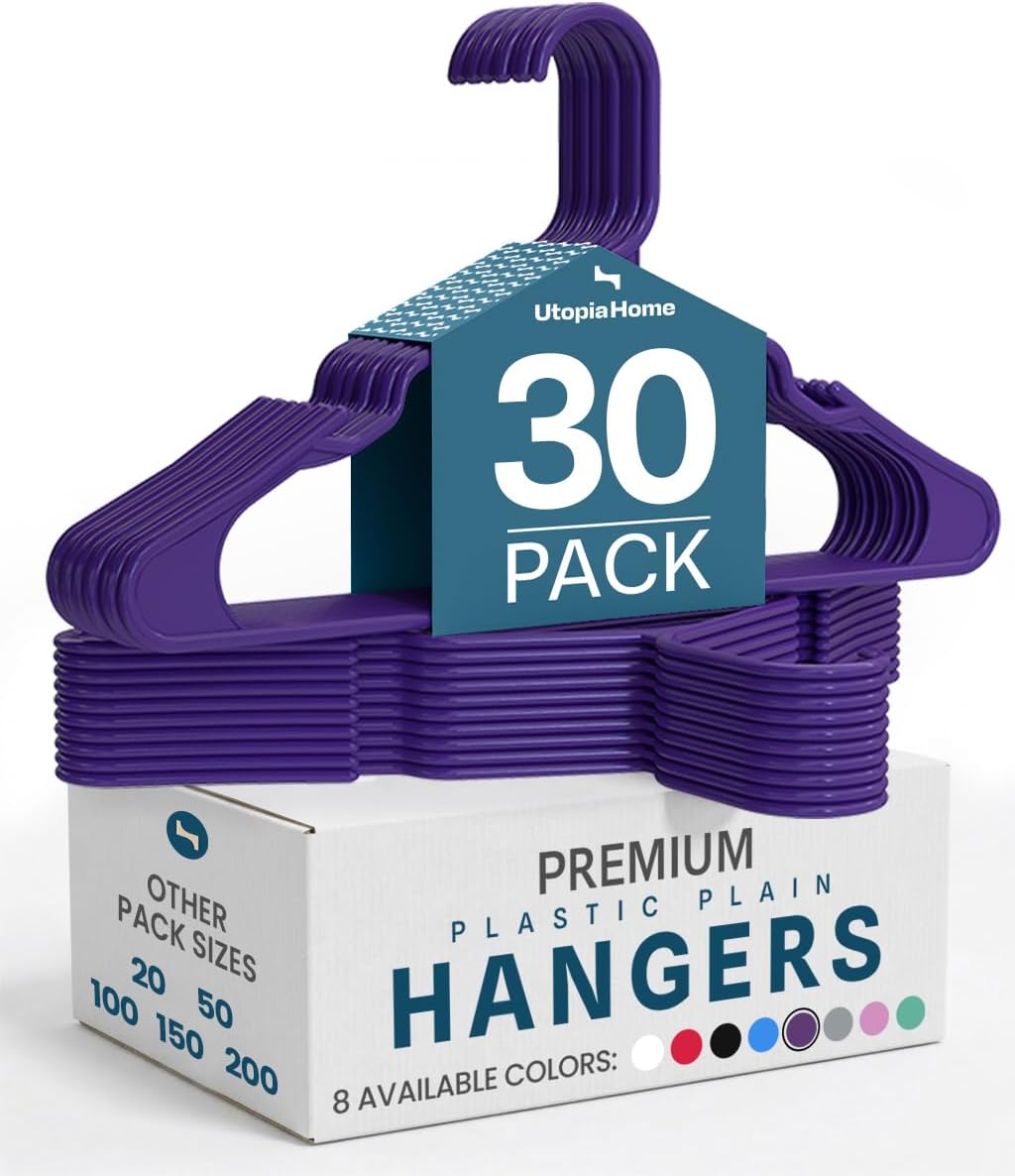 Utopia Home Plastic Hangers - Durable Space-Saving Clothes Hangers - 30 Pack in Purple