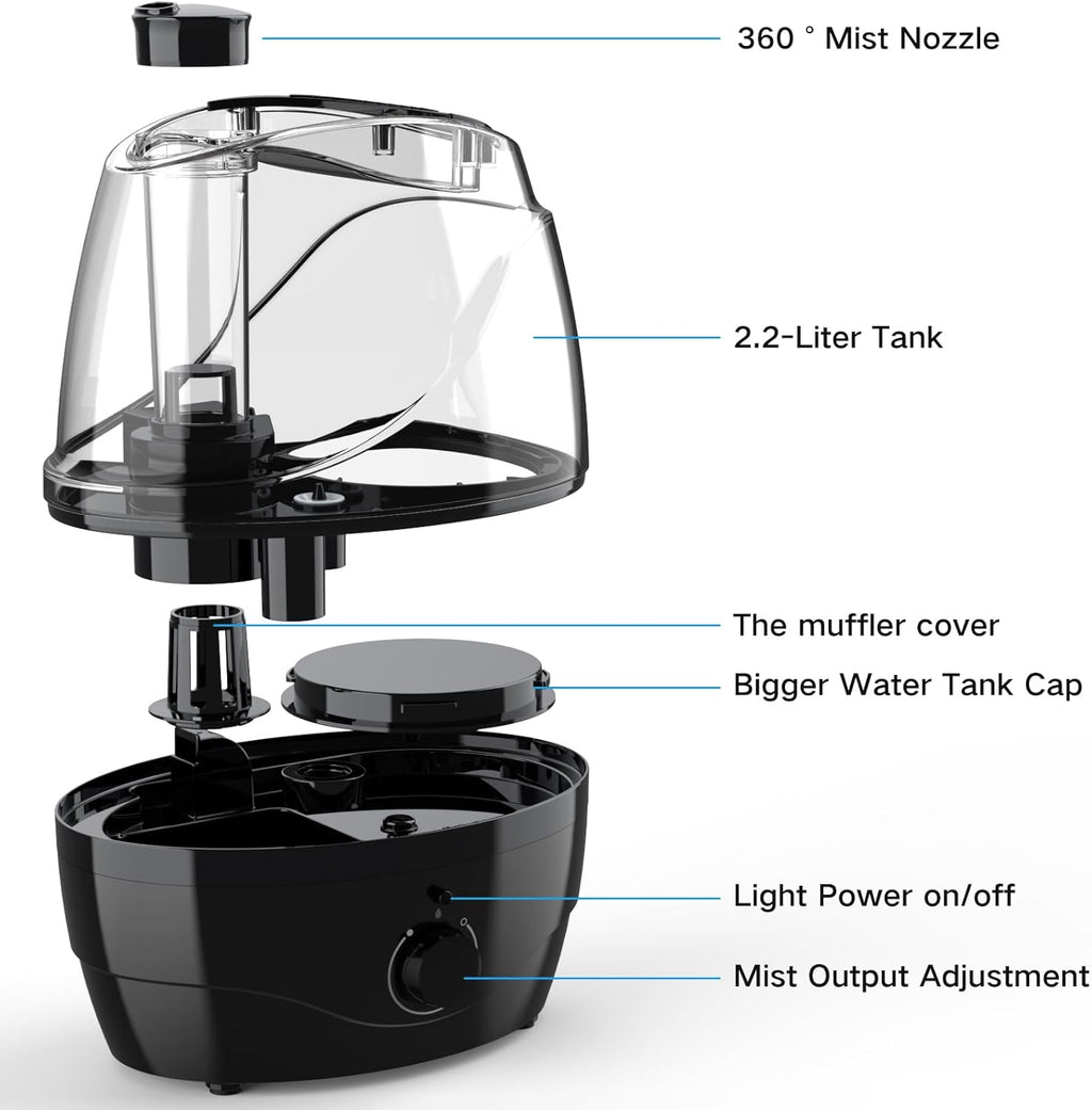 Skiennix Cool Mist Humidifier - 2.2L Whisper-Quiet Operation for Bedroom & Baby | 30-Hour Run Time, 360° Nozzle, BPA Free