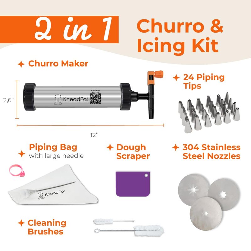 KneadEat Churro Maker Kit with Piping Bag, XL Filling Needle and Decorating Tips Premium Stainless Steel Churrera with Easy Press Handle for Homemade Filled Churros