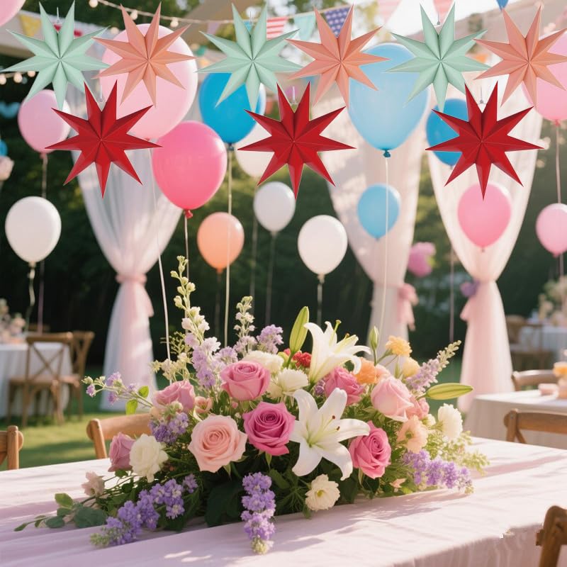 Kiddale 3 Pcs 12in Paper Star Ornaments Set – Red, Green & Pink Hanging Stars