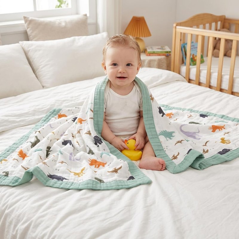 Little Jump Dinosaur Muslin Blanket Baby Quilt - Silky Soft and Breathable Crib Blanket for Daycare - Large 47" x 47" - 2 Layers Toddler Summer Blankets for Boys (Dinosaur)