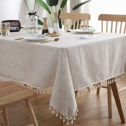 AMZALI Washable Cotton Linen Tablecloths Fabric Tassel Tablecloth Dust-Proof Table Cover for Kitchen Dinning Tabletop Home Decoration Everyday Use (Rectangle/Oblong, 55 x 102 Inch, Linen)