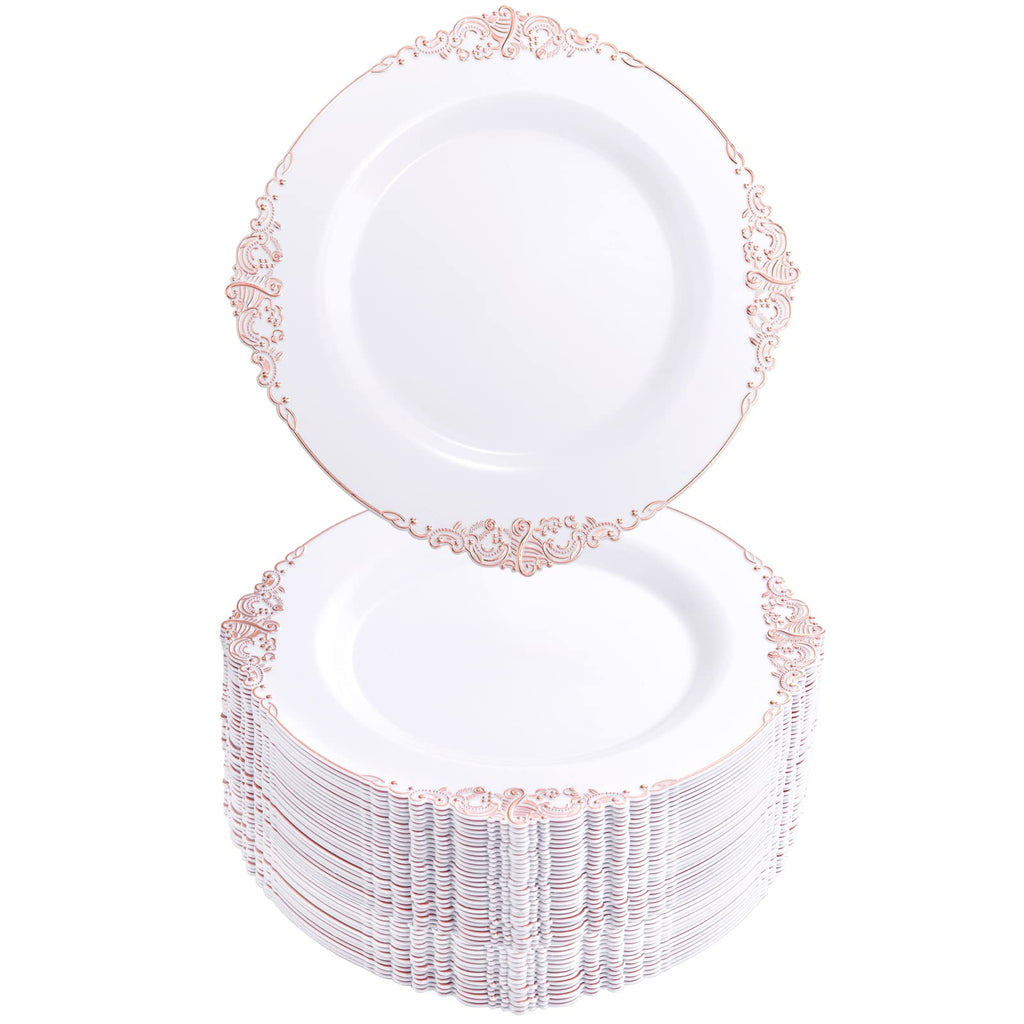 Morejoy 100pcs Plastic Plates - Disposable - 7.5 inch White and Rose Gold Dessert Plates for Weddings & Parties & Shower