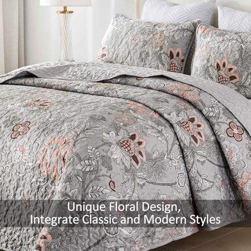 Grey Floral Quilt Set Queen Size - Soft Microfiber Bedding 3-Piece