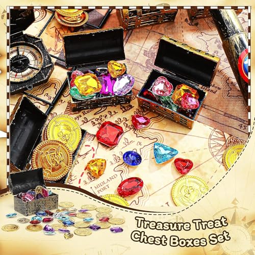 Kids Pirate Treasure Chest Toy Set with Gold Coins, Gems, and Ring