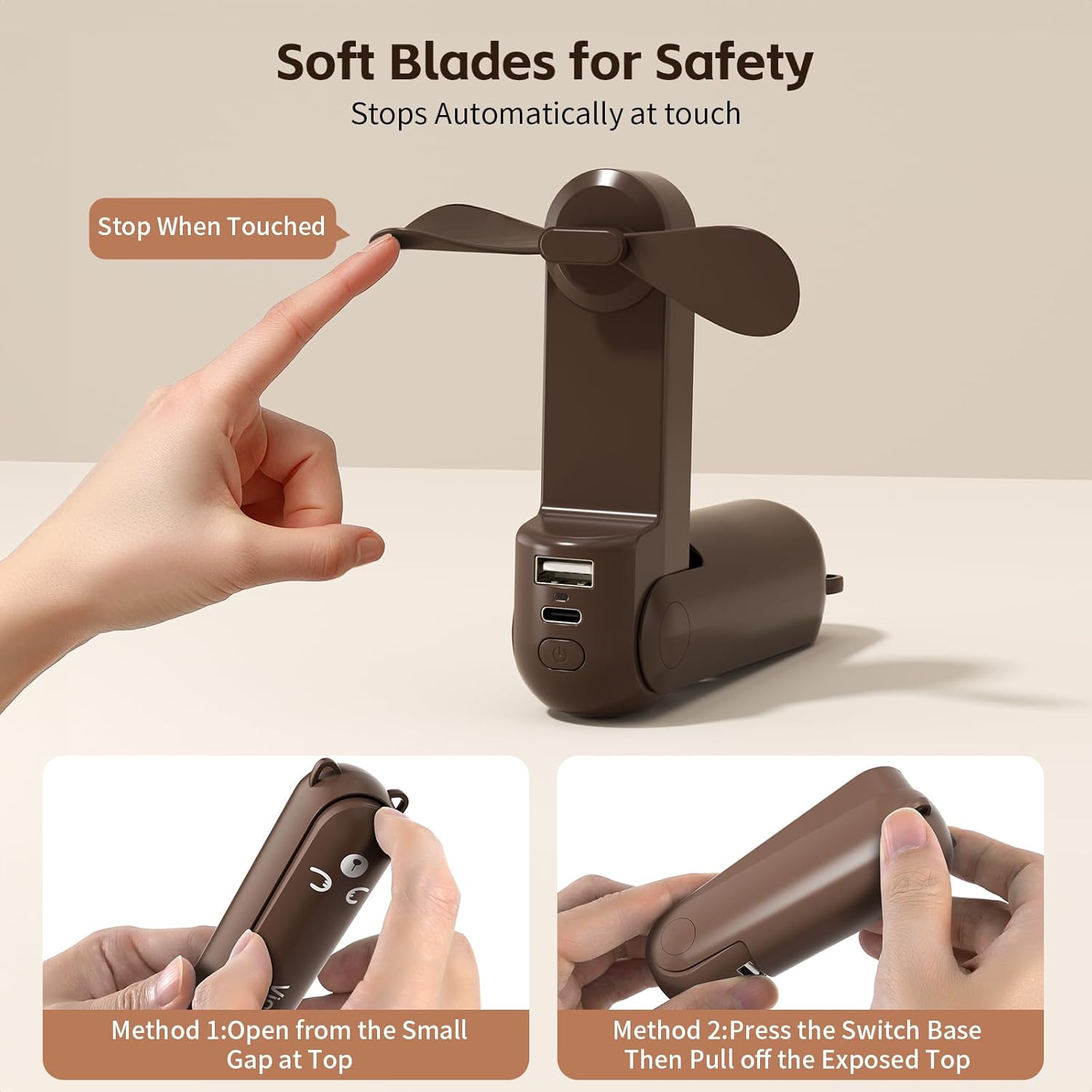 Skiennix Mini Handheld Fan - USB Rechargeable 3-in-1 Personal Cooler with Power Bank & LED Flashlight | Portable Brown Travel Essential