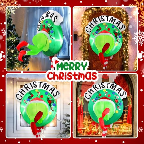 3.5ft Inflatable Christmas Wreath with Green Giant Monster, LED Lighted Outdoor Decor