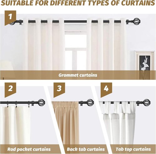 GXOACKJ Adjustable Curtain Rods - Black 5/8 Inch Drapery Rods for Windows 33 to 60 Inches | Stylish Twisted Cage Finials