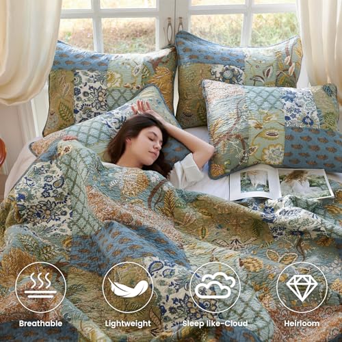 Secgo Queen Comforter Set 100% Cotton Sage Bedspread with Pillow Shams - Reversible Lightweight Bedding, 90x98 Inches