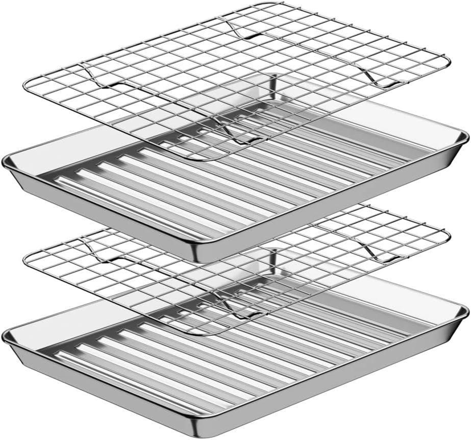ROTTAY Small Baking Sheet Pan Set - 2 Heavy-Duty Stainless Steel Cookie Sheets with Wire Racks | 9 x 7 x 1 Inches