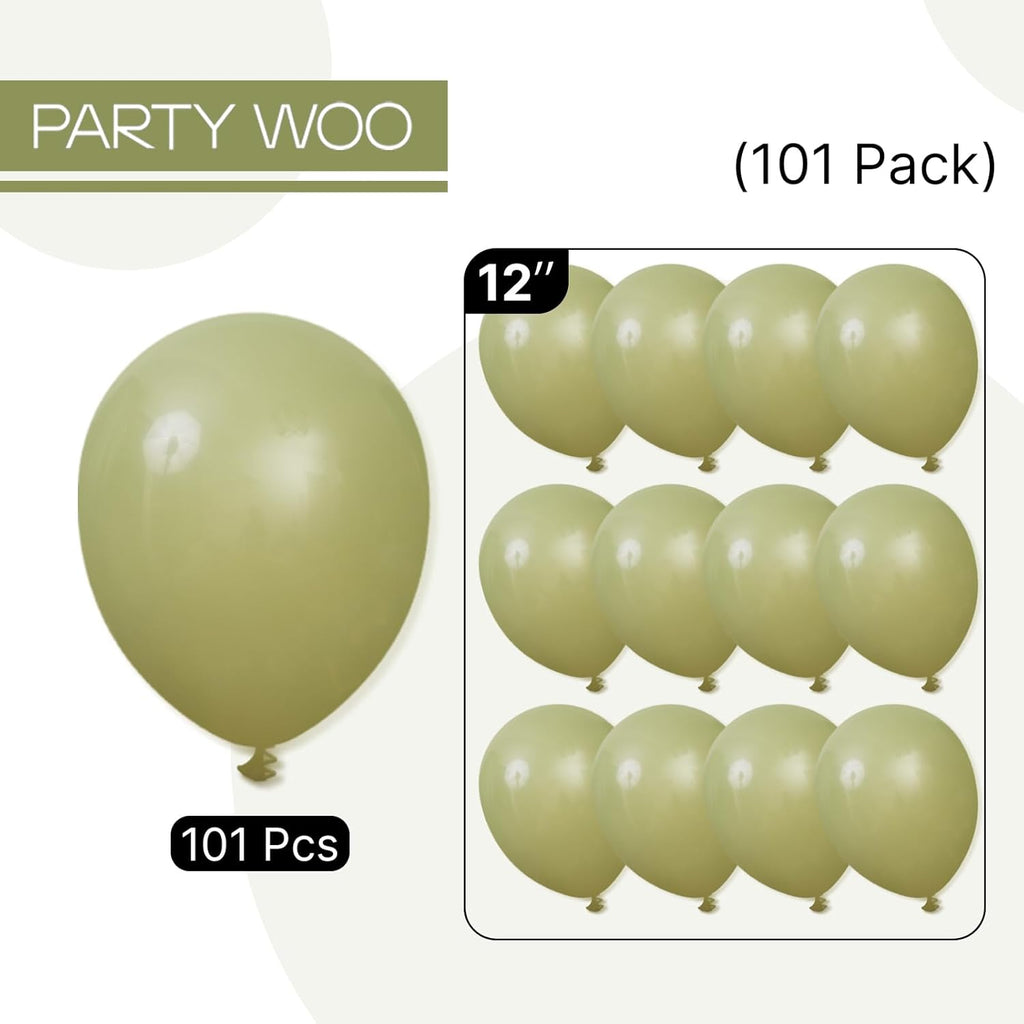 PartyWoo Sage Green Balloons - 101pcs 12 Inch Olive Boho Latex Helium Balloons for Events