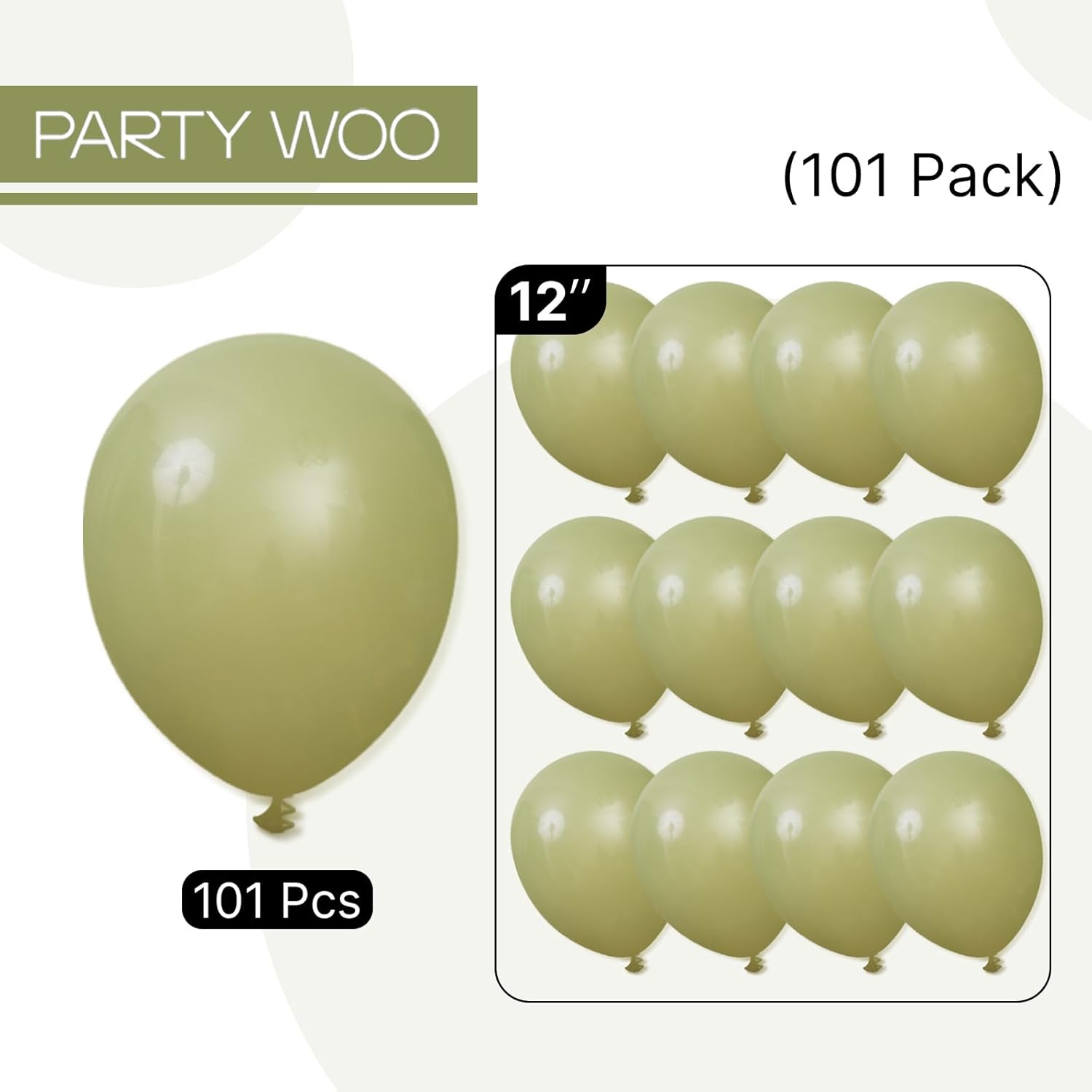 PartyWoo Sage Green Balloons - 101pcs 12 Inch Olive Boho Latex Helium Balloons for Events