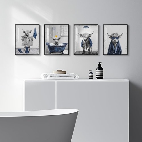Highland Cow Art | Funny 4-Piece Bathroom Wall Decor - Cute Navy Blue Prints for Restroom