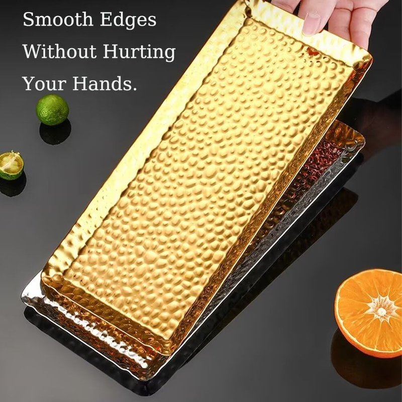 SEEK RARE Decorative Tray Stainless Steel Serving Trays Hammered Rectangular 9.8 x 4.3 Inch Dessert Plates Reusable Fruit Stand for Living Room Kitchen Gold