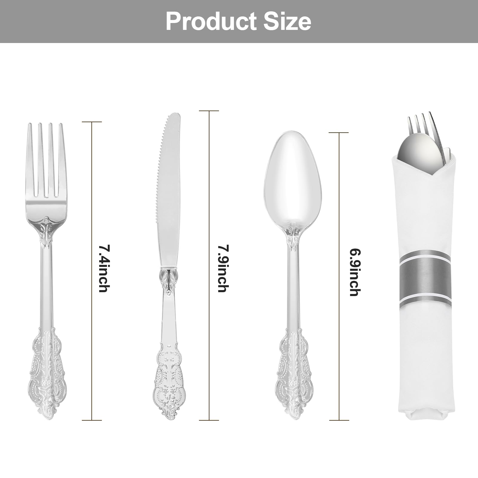 Bestluck 100 Pack Silver Plastic Silverware with Pre Rolled Napkins for 100 Guests, Silver Disposable Utensils Sets Includes 300 Plastic Cutlery, and 100 Napkins for Party & Wedding