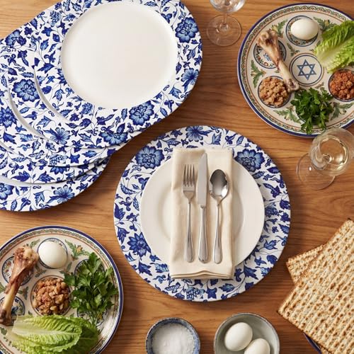 Yungyan 6 Pack 13in Blue & White Christmas Porcelain-Style Plastic Charger Plates (Passover Embroidery / Blue) - Non-Disposable