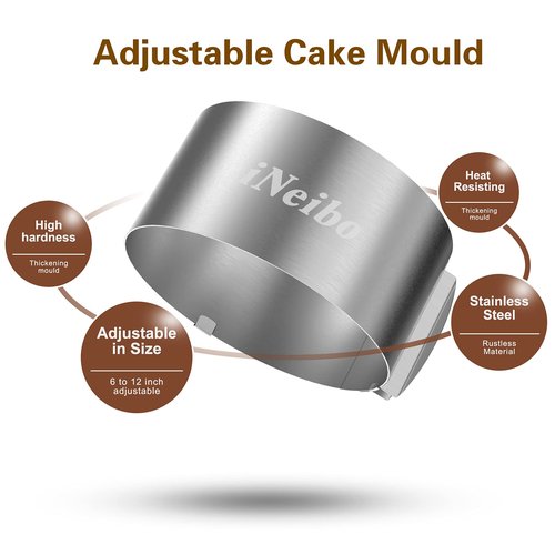 iNeibo Cake Ring and Cake Collar Set, 6 to 12 Inch Adjustable Cake Mousse Mould Set with 6inch Clear Cake Roll, Stainless Steel Pastry Ring, Mousse Ring, Ring Mold for Baking