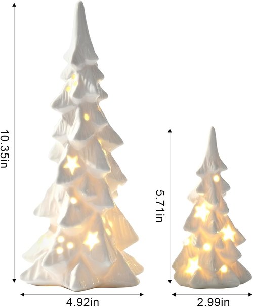 DN DECONATION White Ceramic Christmas Trees - 2Pcs Prelit Tabletop Xmas Tree Figurines with Lights & Cutouts for Neutral Holiday Decor