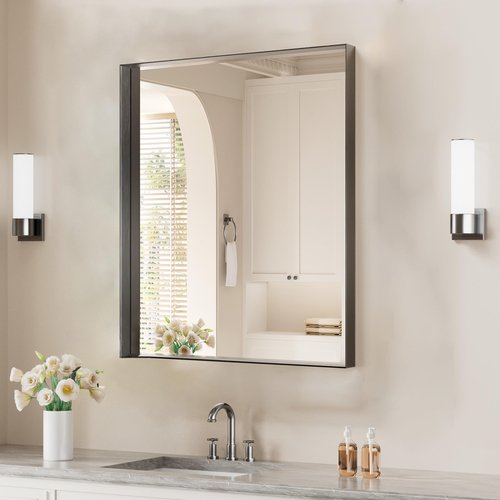 Koonmi 20x30 Inch Black Metal Framed Bathroom Mirror for Wall, Rectangle Vanity Mirror with Anti-Rust, Shatterproof Tempered Glass, Horizontal/Vertical Hanging for Farmhouse, Bedroom, Entryway