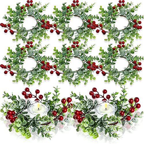 12-Piece Christmas Candle Rings with Glass Holders - Red Berry Wreaths