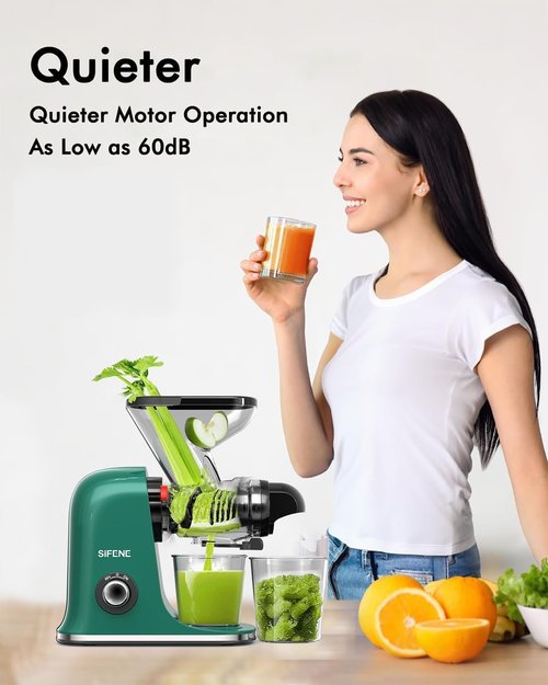 SIFENE Cold Press Juicer Machine, Mini Slow Masticating Juicer with Dual Feed Chute, Compact Electric Juice Extractor for Celery Ginger & Fruit, Easy Clean, Green