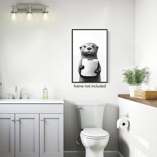 Funny Bathroom Wall Art | Cute Otter Holding Toilet Paper | 16x24in Unframed Canvas Decor