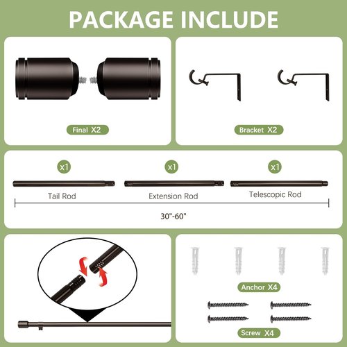 Adjustable Bronze Curtain Rods by [Brand Name] - 30-60 Inch for 30-54 Inch Windows | Perfect for Small Curtains