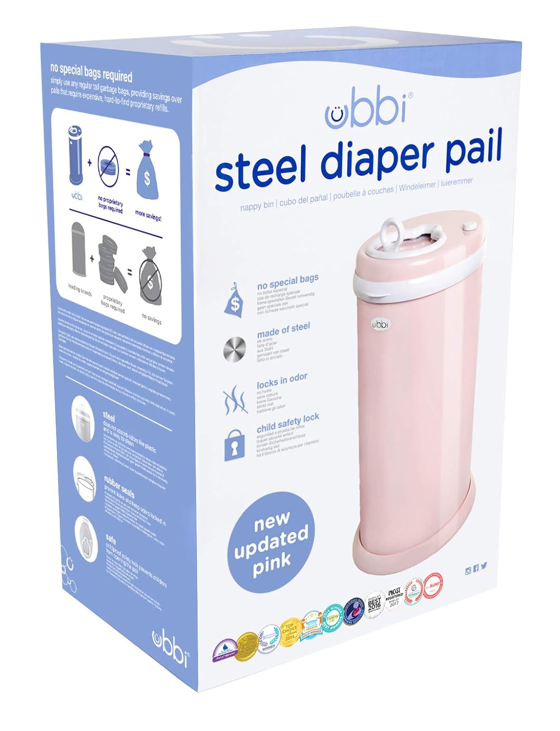 Ubbi Steel Diaper Pail - Odor Locking Design, No Special Bag Needed | Award-Winning, Blush Pink