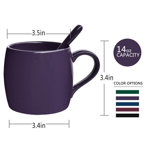 Bosmarlin Ceramic Coffee Mug with Spoon, Purple Tea Cup for Office and Home, Dishwasher and Microwave Safe, 14 oz, 1 Pack (Purple(Glossy))