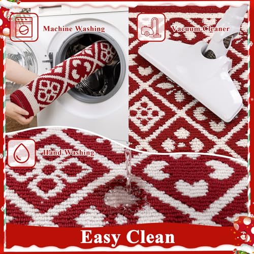 Christmas Hallway Runner Rug 2x6 ft Washable Red Xmas Kitchen Mat - Non-Slip, Durable