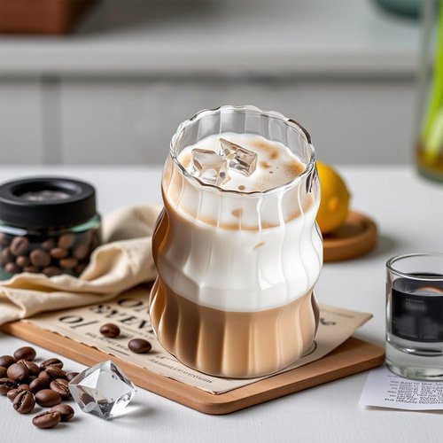 TANMESSO 2 Pcs Ribbed Glass Cups, 18oz Vintage Ripple Drinking Glasses Glassware for Iced Coffee, Juice, Milk, Cocktails, Water, Cold Beverages